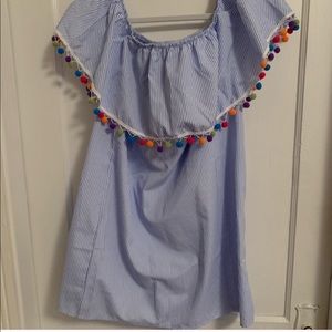 Seersucker off shoulder with Pom sundress/cover-up